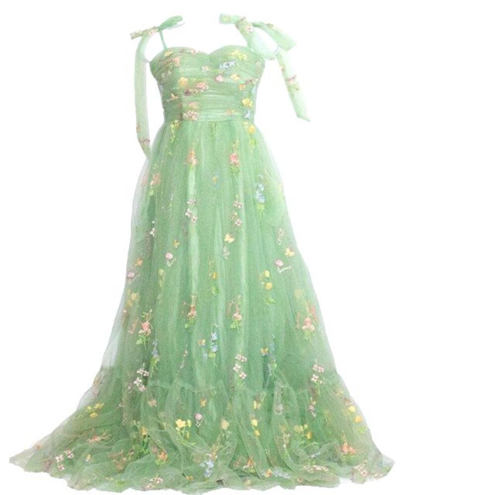 New Fairy Forrest Green Floral Embroidered Off Shoulder Corset Dress Festival S